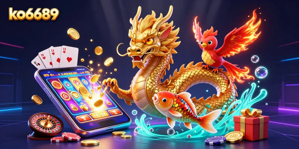 Experience the excitement of ko6689 with a dynamic casino scene featuring a golden dragon and vibrant slot game elements.