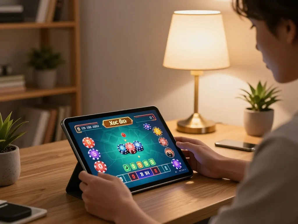 Xóc đĩa gameplay on tablet, exciting online gambling experience in relaxed home office
