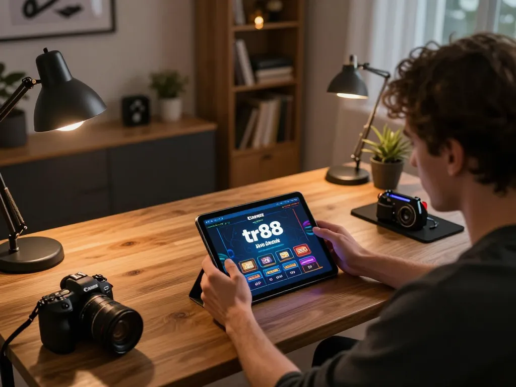 Engaging with the tr88 link at home on a tablet for online gambling.