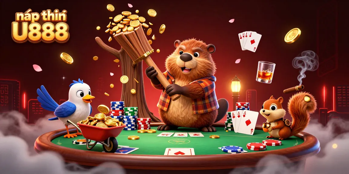 Engage in nạp tiền U888 at the casino with a vibrant 3D scene featuring a beaver and friends celebrating riches.