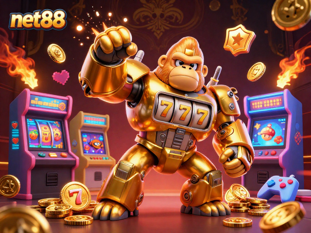 Engage with net88's vibrant gaming scene featuring a golden gorilla mech amidst slot machines and arcade graphics.