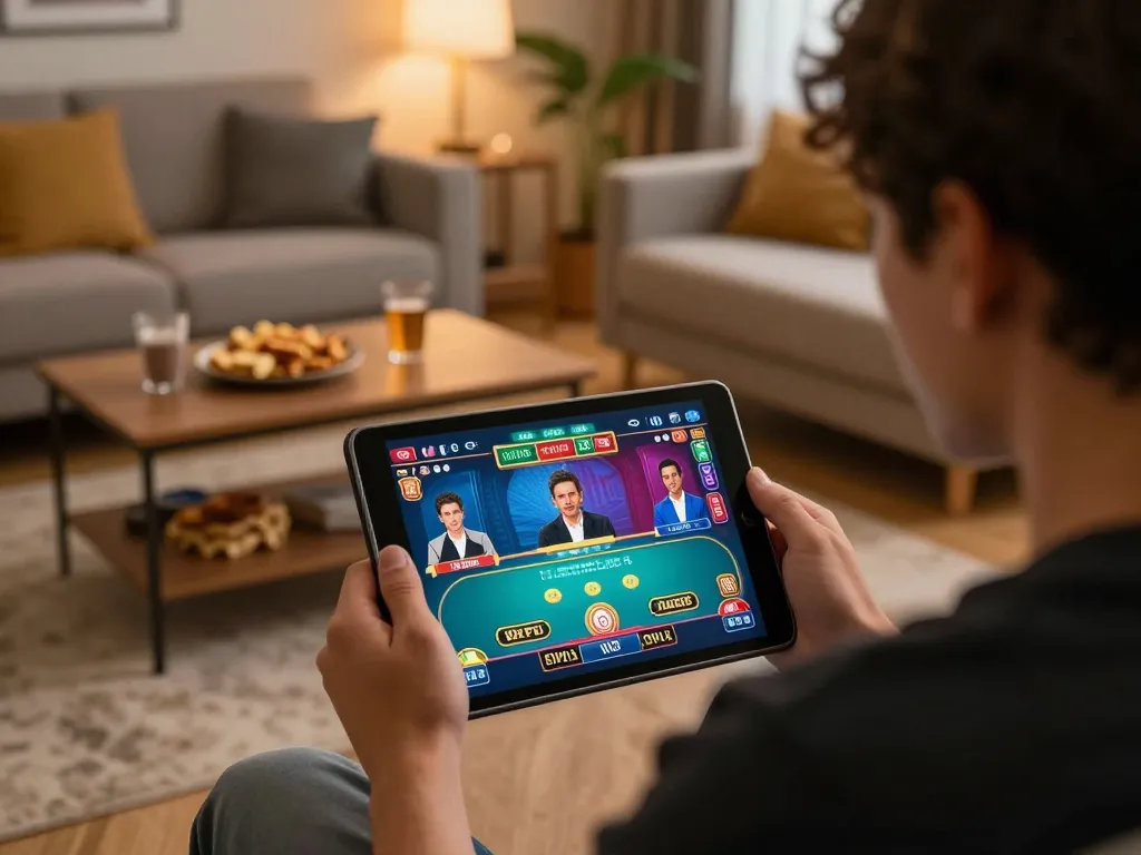 Player enjoying link sepuhplay baccarat online on a tablet in a warm, cozy home setting