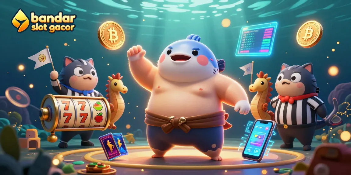 Visualisasi bandar slot gacor dengan fugu, hakama, dan simbol slot di latar bawah laut yang meriah.