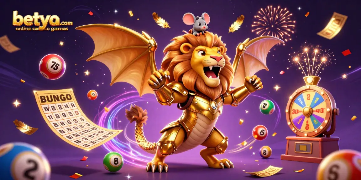 Engaging scene celebrating betya.com online casino games, featuring a triumphant golden chimera and dynamic lottery elements.