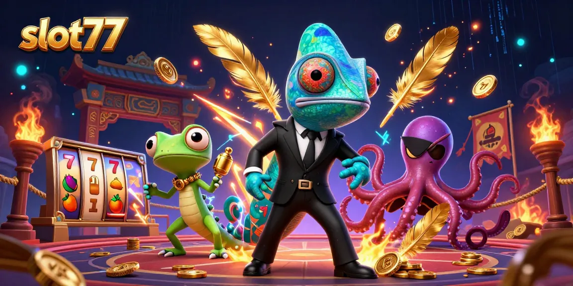Experience thrilling gameplay with slot77, featuring vibrant characters and dynamic slot reels.