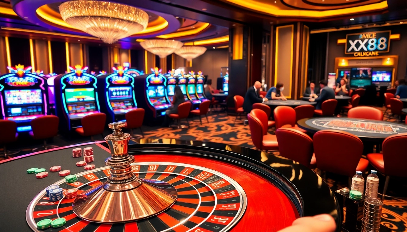 Experience thrill at XX88's luxurious casino, featuring roulette, blackjack, and vibrant slot machines.
