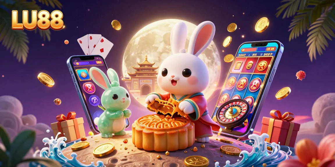LU88 showcases a vibrant 3D illustration of moon rabbits and casino elements, presenting thrilling gaming action.