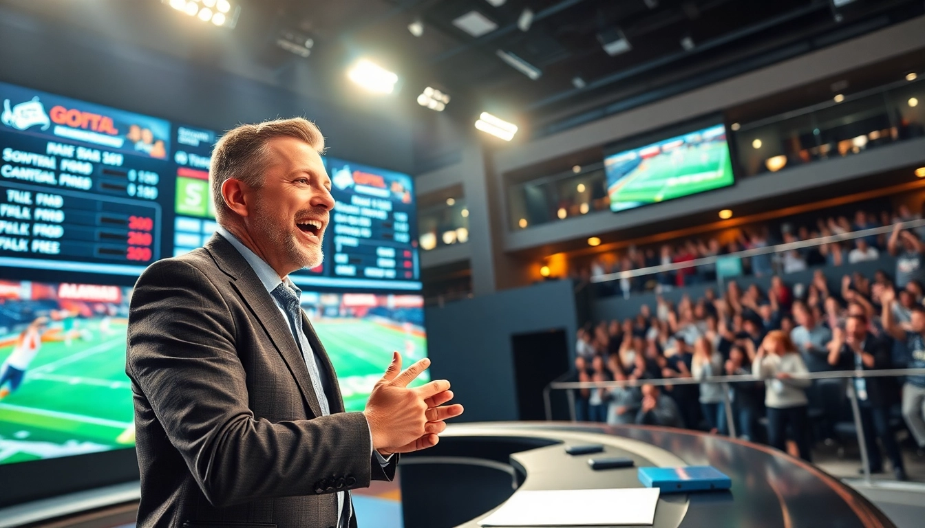Engaging sports broadcasting studio showcasing a dynamic commentator amid vibrant digital highlights.
