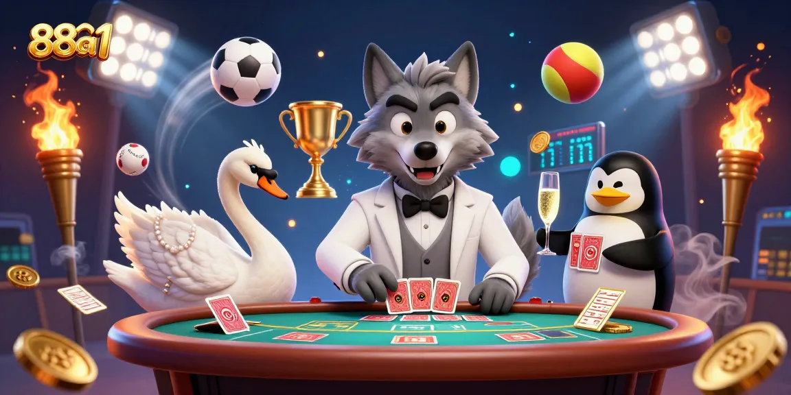 Engage with 88aa1's exciting baccarat scene featuring a debonair wolf, elegant swan, and sophisticated penguin.