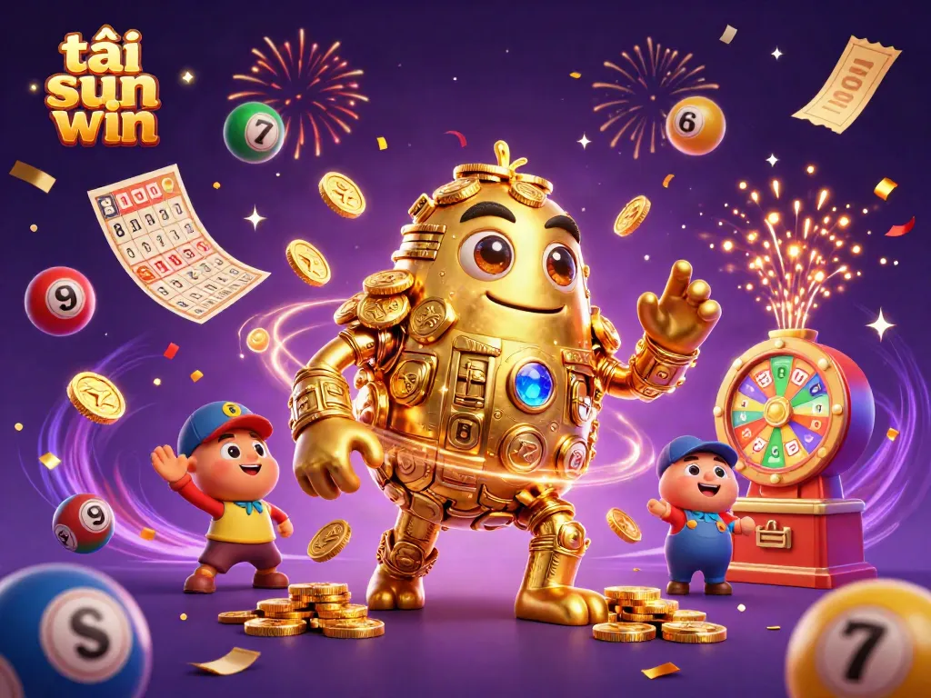 Experience the excitement of tải sun win with colorful lottery elements and a dynamic golden golem.