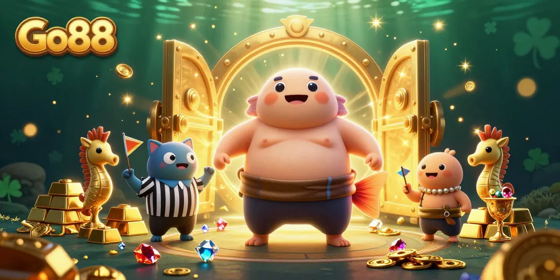 Jackpot awaits at Go88, featuring a lively underwater casino scene with dynamic characters and treasures.