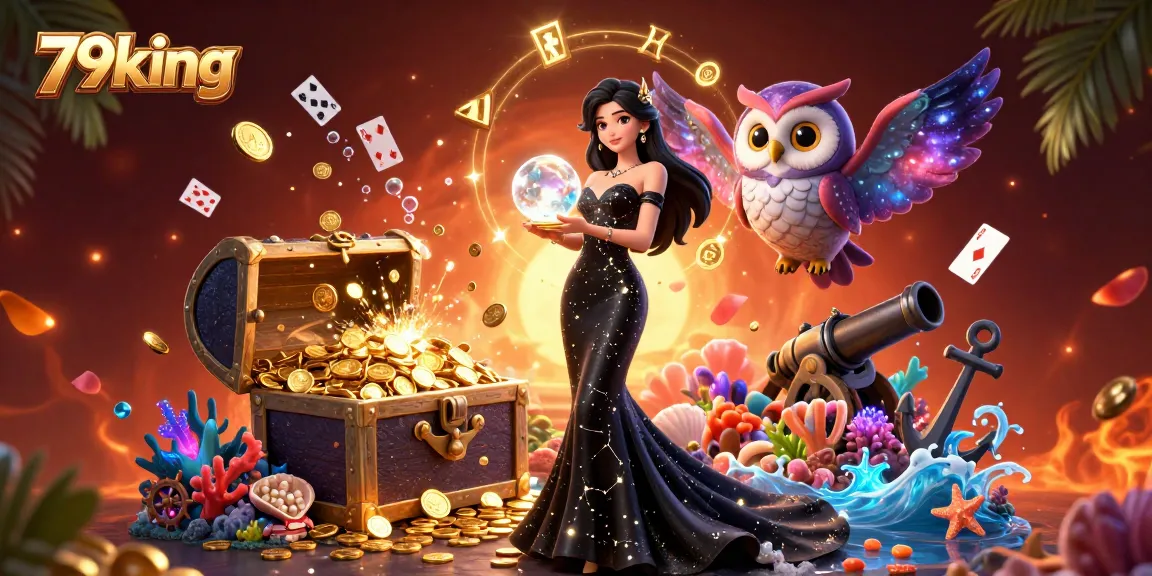 Experience the excitement of betting at 79king with a mesmerizing 3D casino scene featuring a mystical woman and treasures.