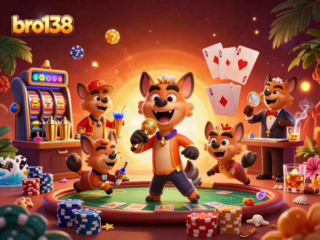 Watch the hyenas spin exciting games at bro138's packed casino, filled with vibrant slot reels and poker action.