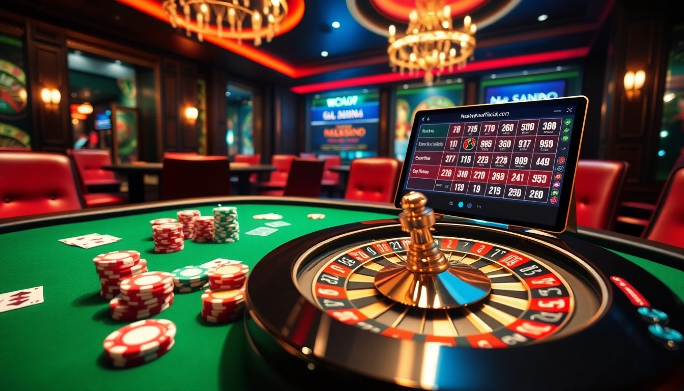 A dynamic gaming scene at nekatwinofficial.com featuring poker chips and a roulette wheel in an exciting casino environment.