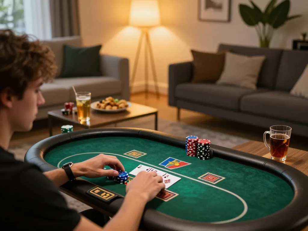Engaging online gaming session with KUWIN poker on tablet, showing cozy home setting and gameplay.