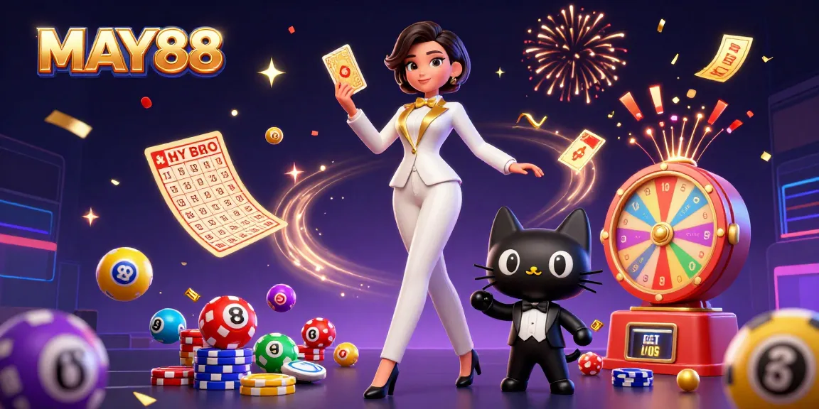 MAY88 showcases a glamorous woman shuffling cards alongside a tuxedo cat amidst vibrant casino elements.