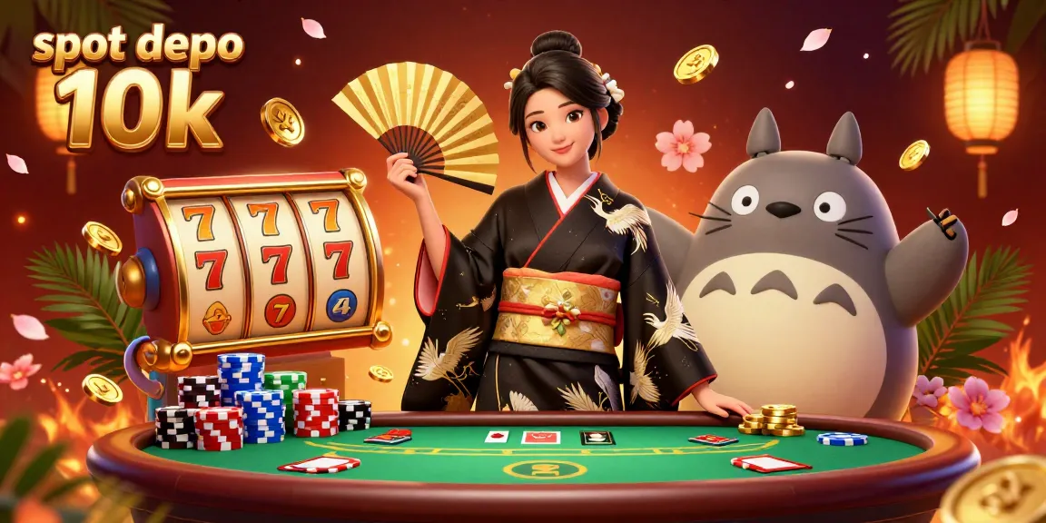 Experience the excitement of slot depo 10k with an elegant woman and tanuki in a vibrant casino scene.