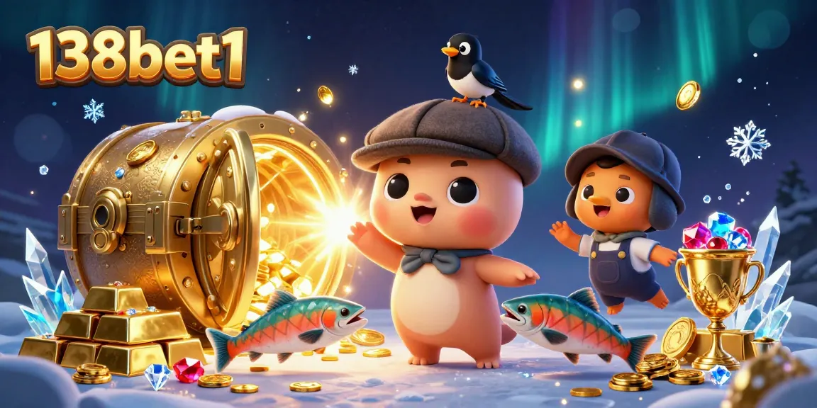 Play thrilling games at 138bet1 with a vibrant scene filled with gold, gems, and playful characters.