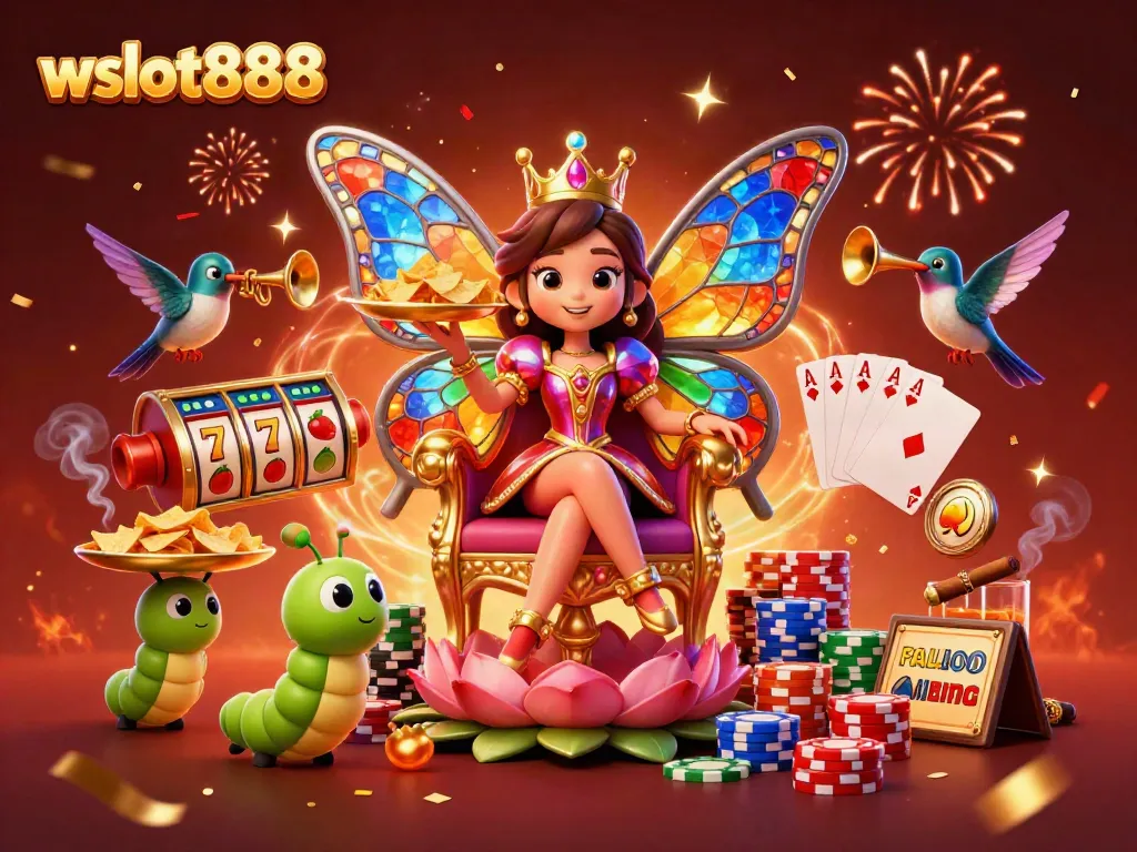 Menangkan jackpot di wslot888 dengan ratu kupu-kupu berwarna gem, simbol keberuntungan, dan perayaan di sekitarnya.