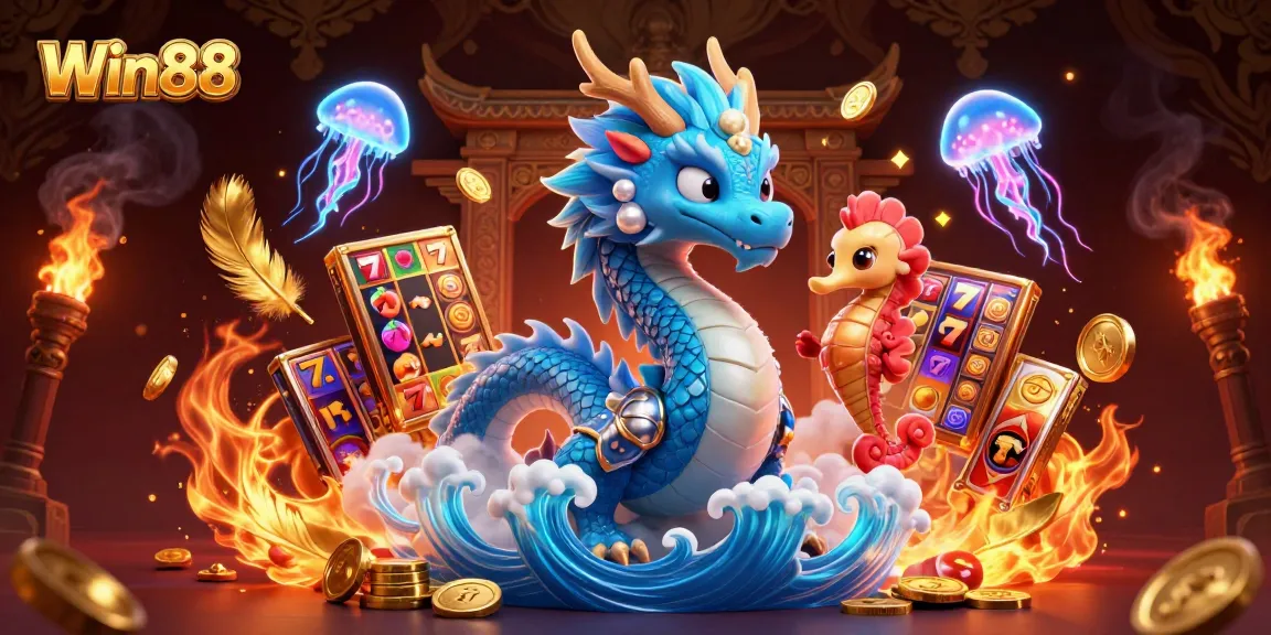 Win88 brings thrilling casino action to life with a vibrant dragon and slot elements.