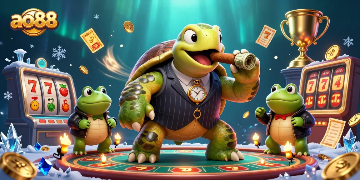 Experience the thrill of ao88 with a dynamic scene featuring a snapping turtle in a vintage suit and slot elements.