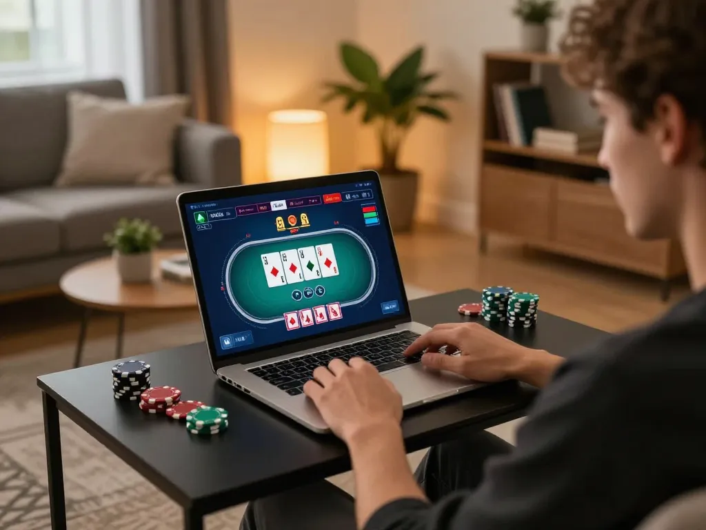 Engaging in open 88 online gaming with a laptop setup showing poker action.