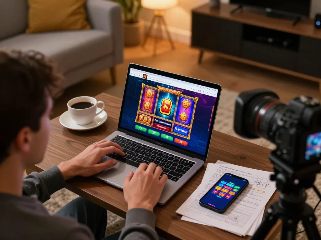 Player enjoying open 88 online slots on a laptop in a cozy home setting, showcasing engaging gameplay.