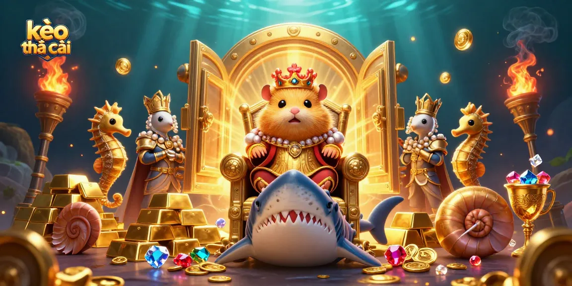 Engage with kèo nhà cái while exploring a whimsical underwater scene featuring a golden hamster king throne.