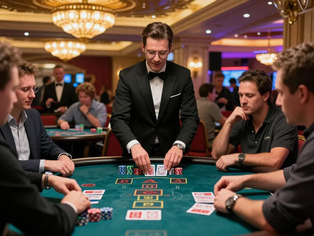 Players at nhà cái cm88 blackjack table engaging in intense gameplay, dealer managing cards under warm lighting.