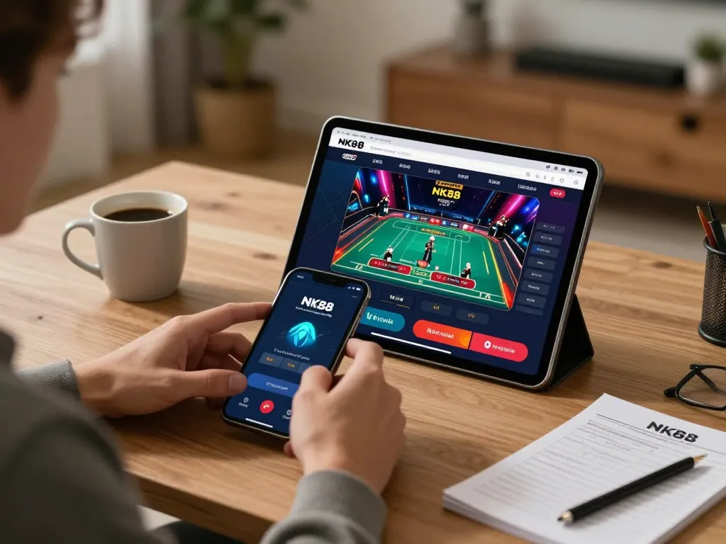 Player engaged with NK88 com app, showcasing the excitement of online gaming in a cozy home setting.