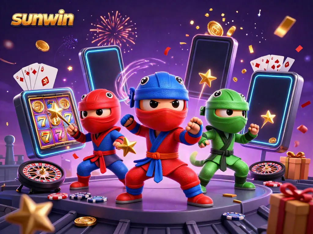 Watch the sunwin ninja chameleons perform alongside vibrant slot games and festive elements.