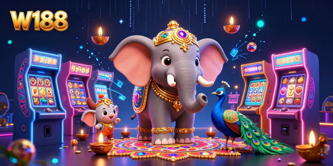 Experience thrilling gameplay with W188's vibrant casino themed illustration featuring an elephant and peacock.