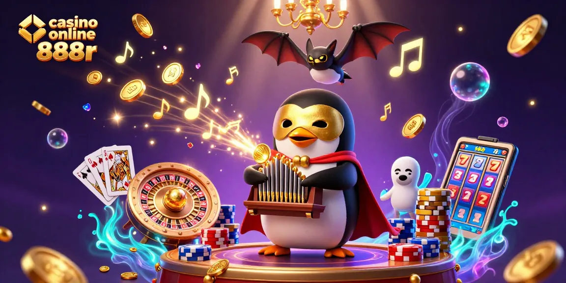 Experience the excitement of casino online 888r with a vibrant 3D illustration featuring a penguin organist and golden coins.