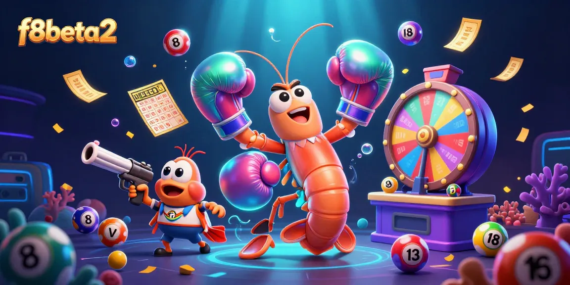 Experience excitement with f8beta2 in a dynamic casino-themed illustration, showcasing colorful lottery elements and characters.