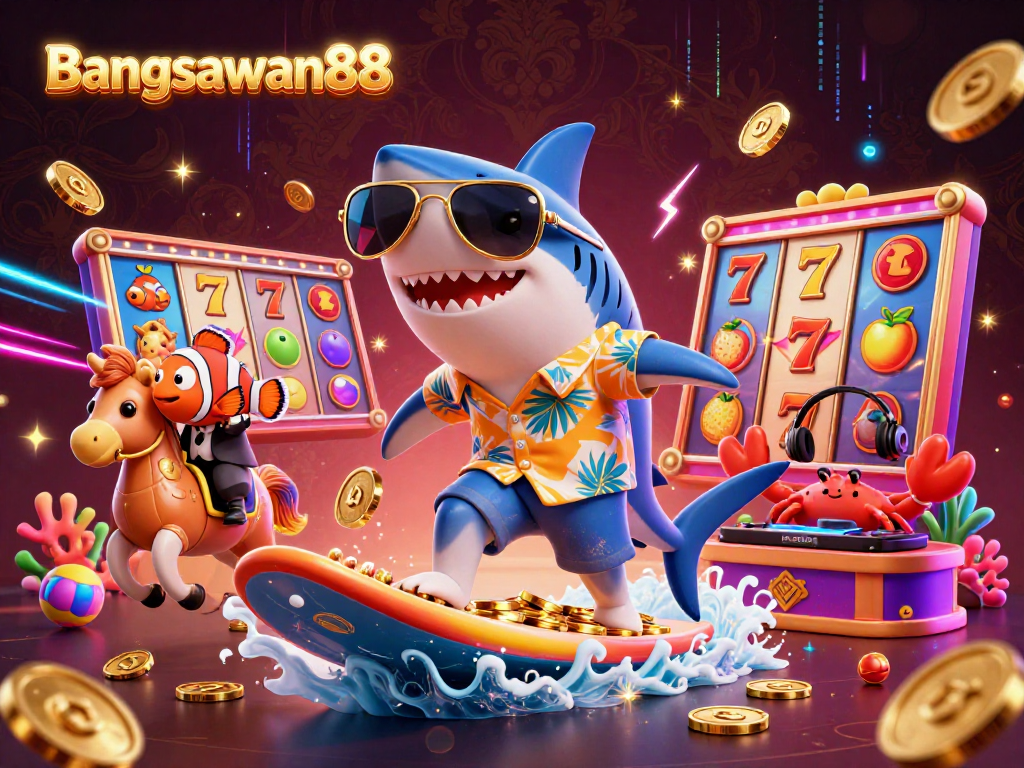 Experience the excitement of bangsawan88 in a vibrant casino scene with animated characters and slot machine elements.
