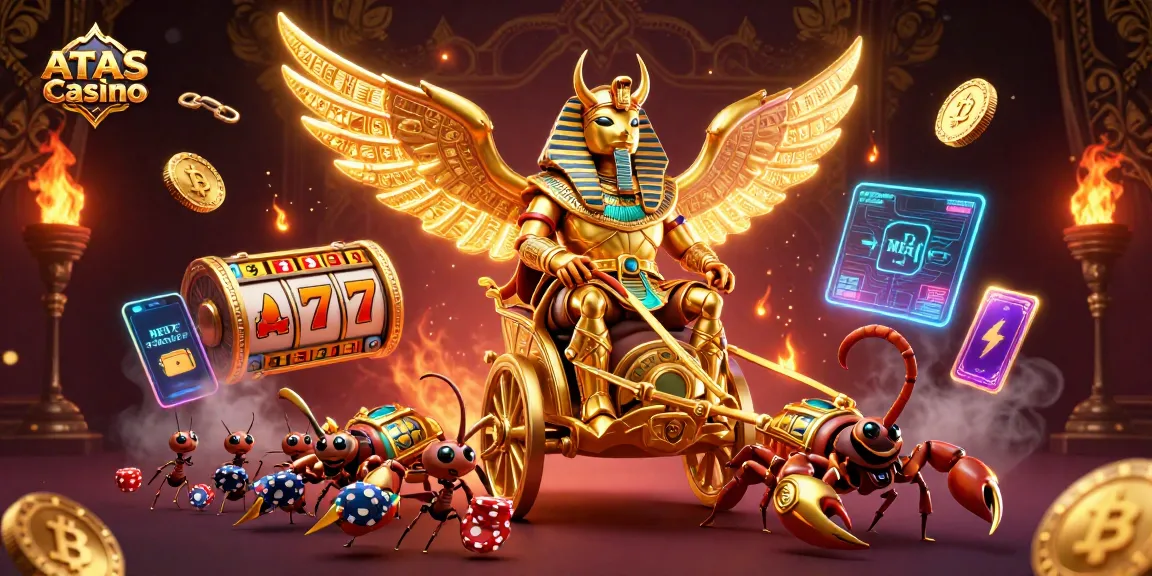 Experience the excitement of ATAS Casino with a vibrant scene of a golden scarab and scorpions among slot reels and crypto coins.