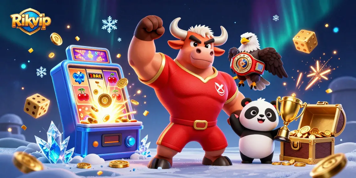 Experience the excitement of Rikvip with a lively 3D scene featuring triumph and jackpot symbols.