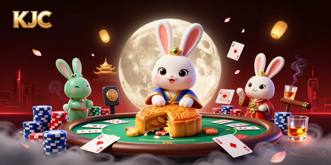 KJC's moon rabbit casino scene reveals poker chips inside golden mooncakes, embodying excitement.
