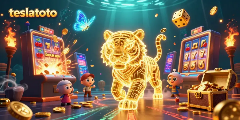 Experience thrilling wins with teslatoto in a vibrant 3D casino scene filled with light and excitement.