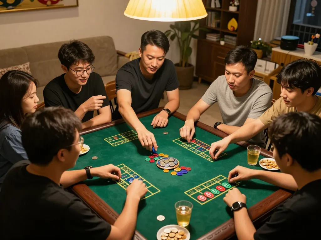 xóc đĩa game in progress, friends placing bets and enjoying a lively atmosphere in a cozy home setting