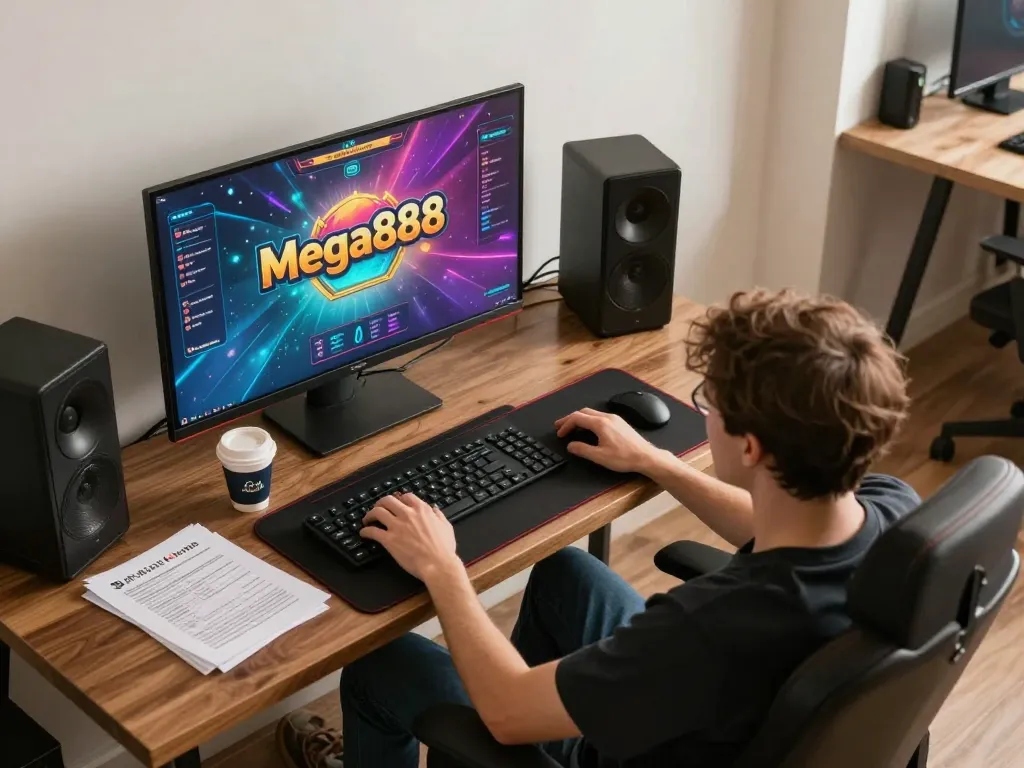 Engaging with free credit mega888 online, a player strategizes in a cozy, bright gaming setup.