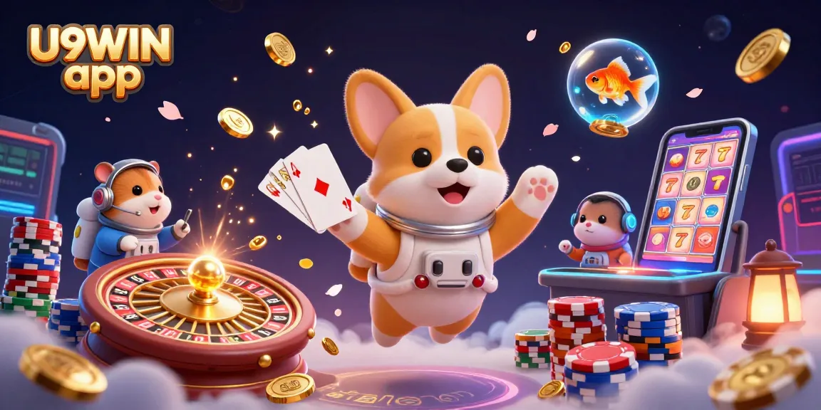 Experience the excitement of the U9WIN app in a vibrant space casino scene with playful characters.