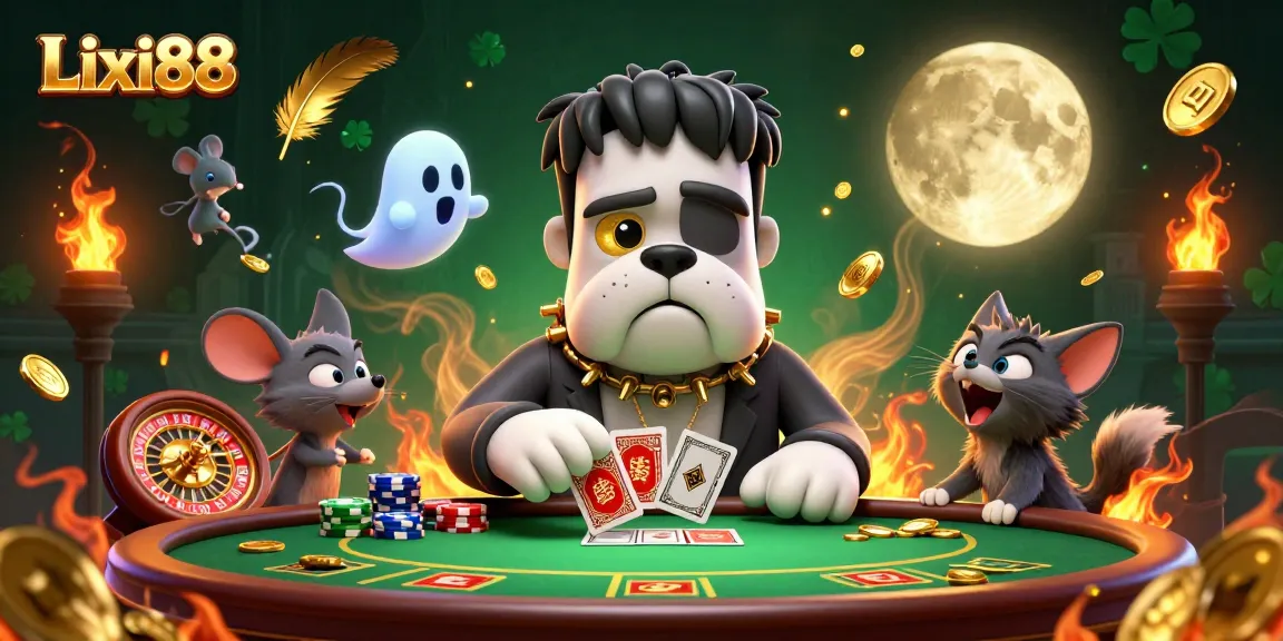 Lixi88 players engaging at a vibrant casino scene with a Frankenstein bulldog dealing cards amidst golden coins and ghostly elements.