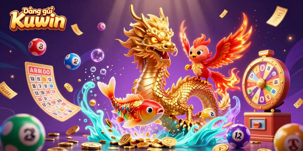 Engaging illustration showcasing Đăng ký Kuwin with a golden dragon, phoenix, and koi amidst vibrant gambling elements.