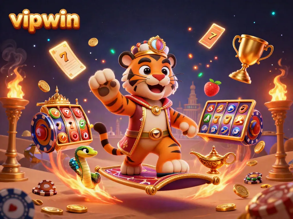 Engage with the vibrant vipwin-themed casino scene featuring a sultan and magical elements.