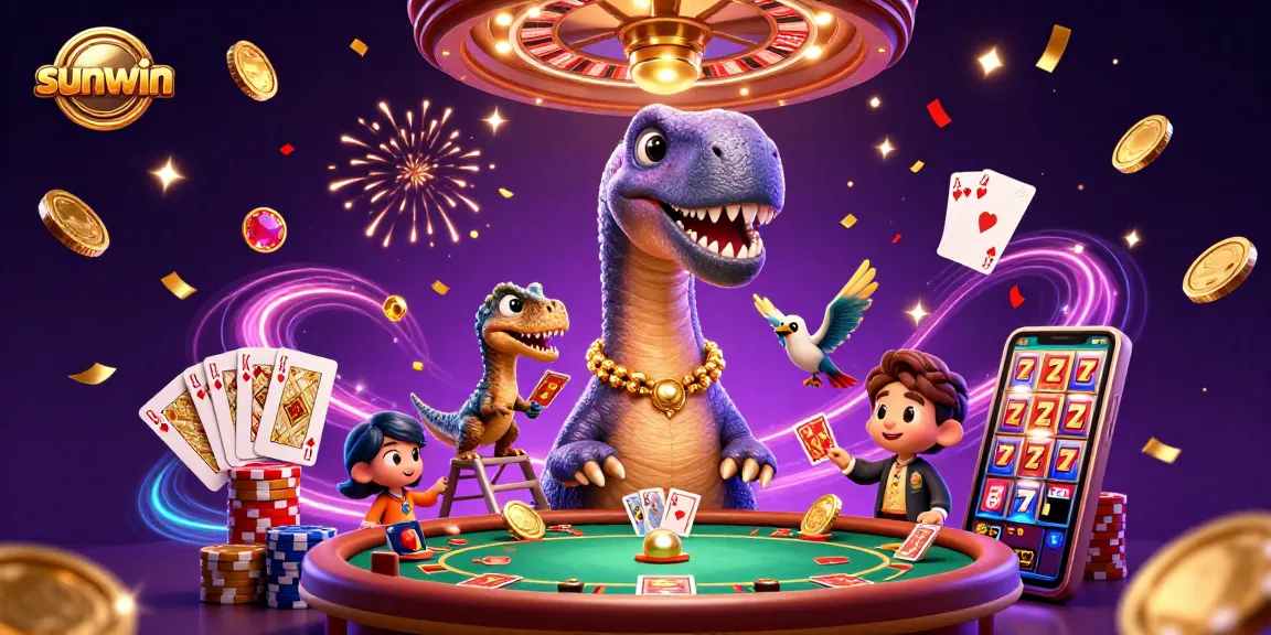Experience thrilling games at sunwin casino with a giant dinosaur dealer and dynamic gaming elements.