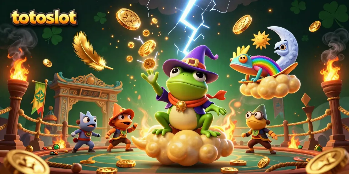 Totoslot features a wizard frog coin storm and a chameleon on a cloud, illustrating exciting gambling