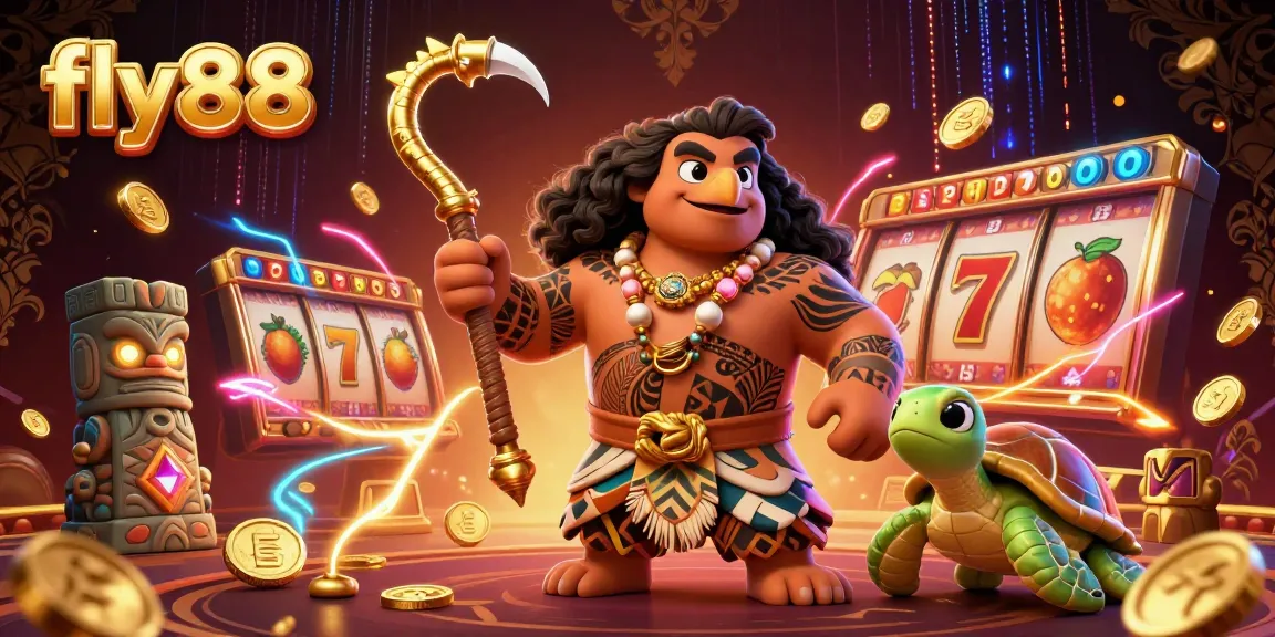 Engage with thrilling gameplay at fly88, featuring a Maui demigod at a vibrant casino scene.