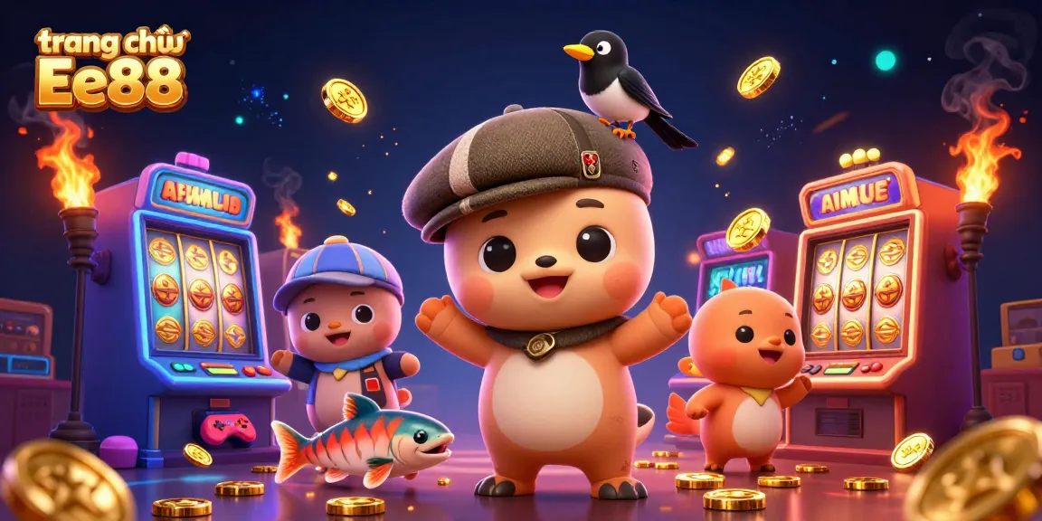 Experience the thrill at trang chủ Ee88 with vibrant slot machines and playful characters in a captivating casino scene.