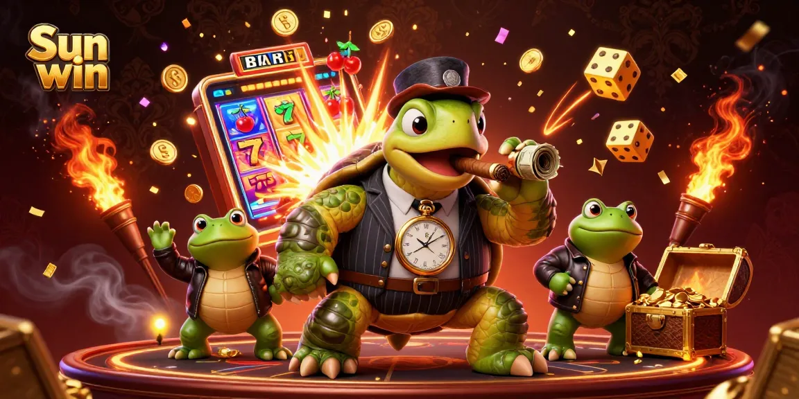 Win big with Sun win as a snapping turtle and bullfrog enforcers celebrate in a vibrant casino scene.
